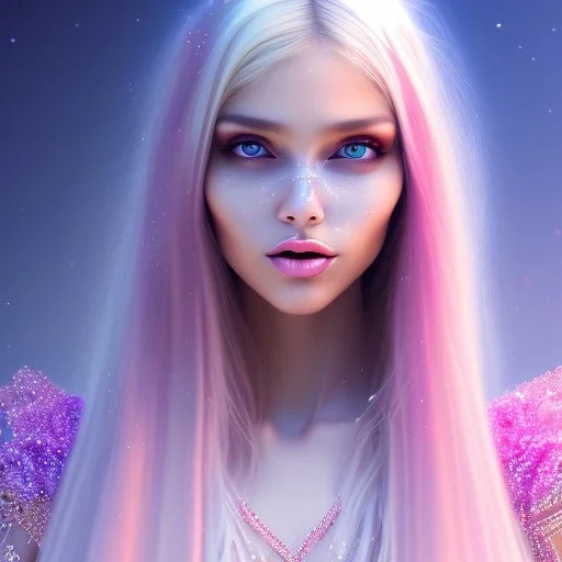 beautiful, soft, smiling face, whole head, long straight blonde hair blues eyes, crown on the head, clothing in transparent bluish and pink veil, background brillante bluish and pink, hight definition, 8K