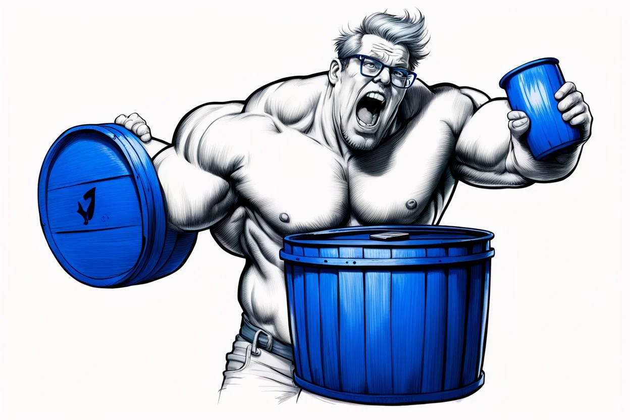 a very swedish strongman, big muscles and short light hair, pait of glasses, holding a big blue barrel above his head, screaming in agony, a drawing with sketch lead pencil, The word BAXER floating