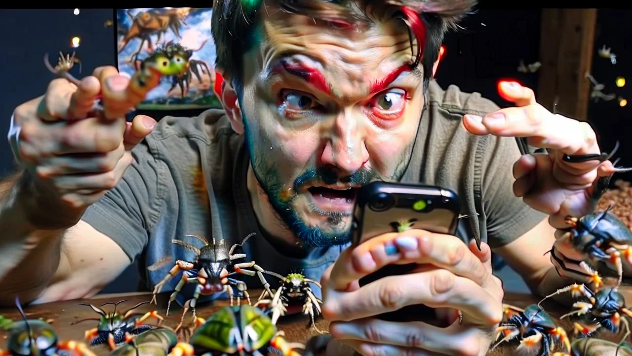 guy with creepy smirk watches censored videos on smartphone surrounded by tiny crabs