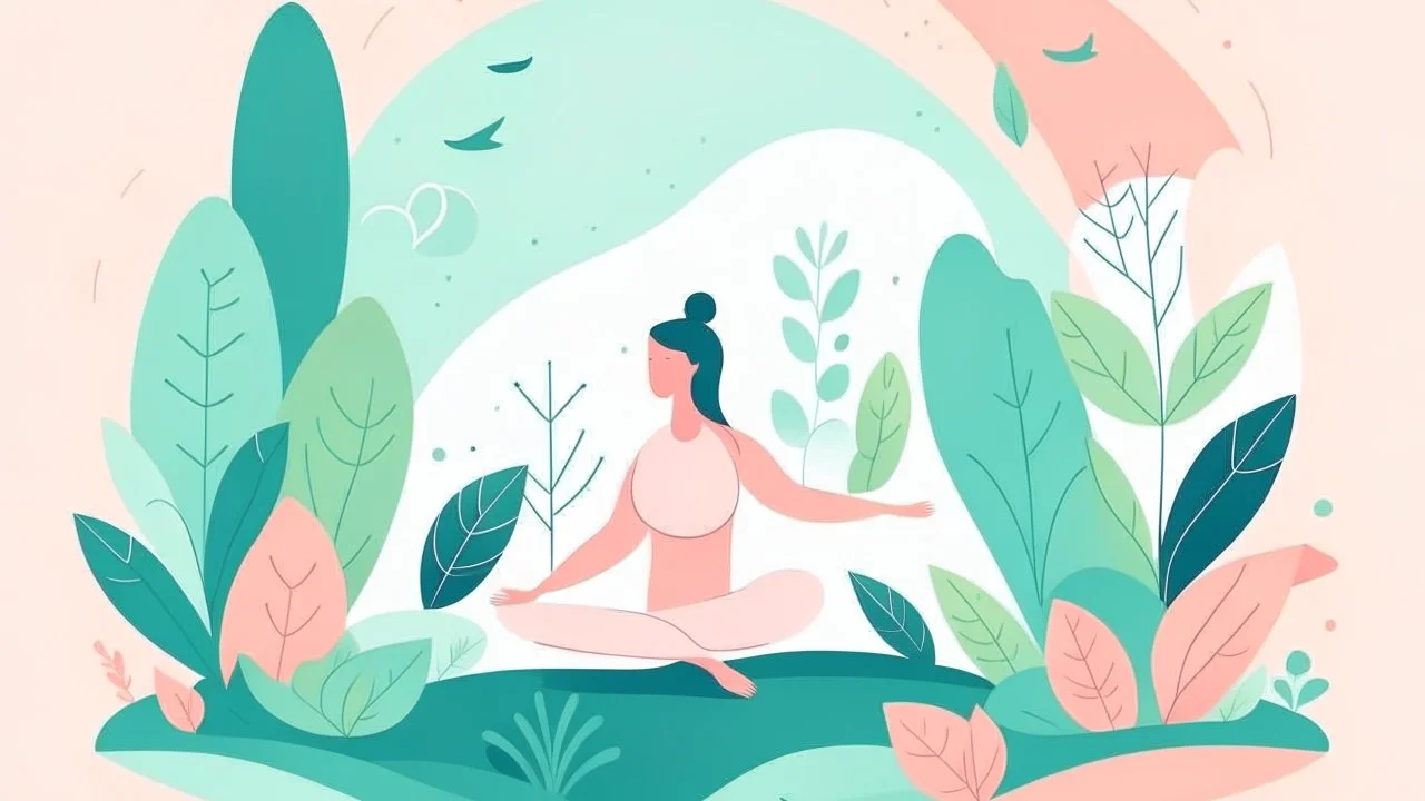 Create a serene and playful illustration for a yoga and well-being website. Use a soothing color palette and depict a tranquil yoga scene with a yogi in several yoga poses surrounded by nature.