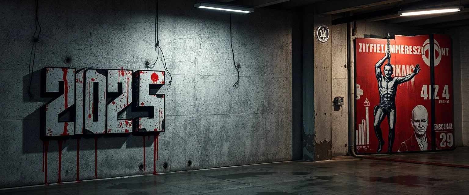 background of firing squad execution wall(wet textured concrete, gray, old, cracked, billet holes, blood stained, 1 wall light) from underground parking, german style, a large blocky upside down "2025" painted on left(old faded paint, red stains running down and past), cyberpunk, to the right a larger mural of a hanged man