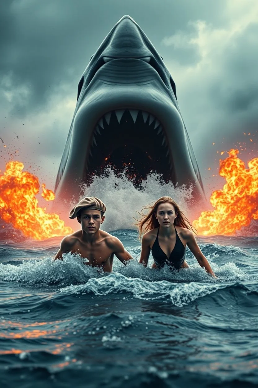 18-year-old Scott Kendall and 15-year-old Judi Ott emerging from a tumultuous sea amidst a stormy backdrop, with a great white shark looming about to attack, a conflagration of fire and explosive effects, ambient lighting, professional composition, infused with a mix of elegance and futuristic aesthetics, ultra-realistic, mystical undertones, sharp focus capturing every water droplet and flame, rational placement of subjects within a cinematic frame, epic atmosphere,