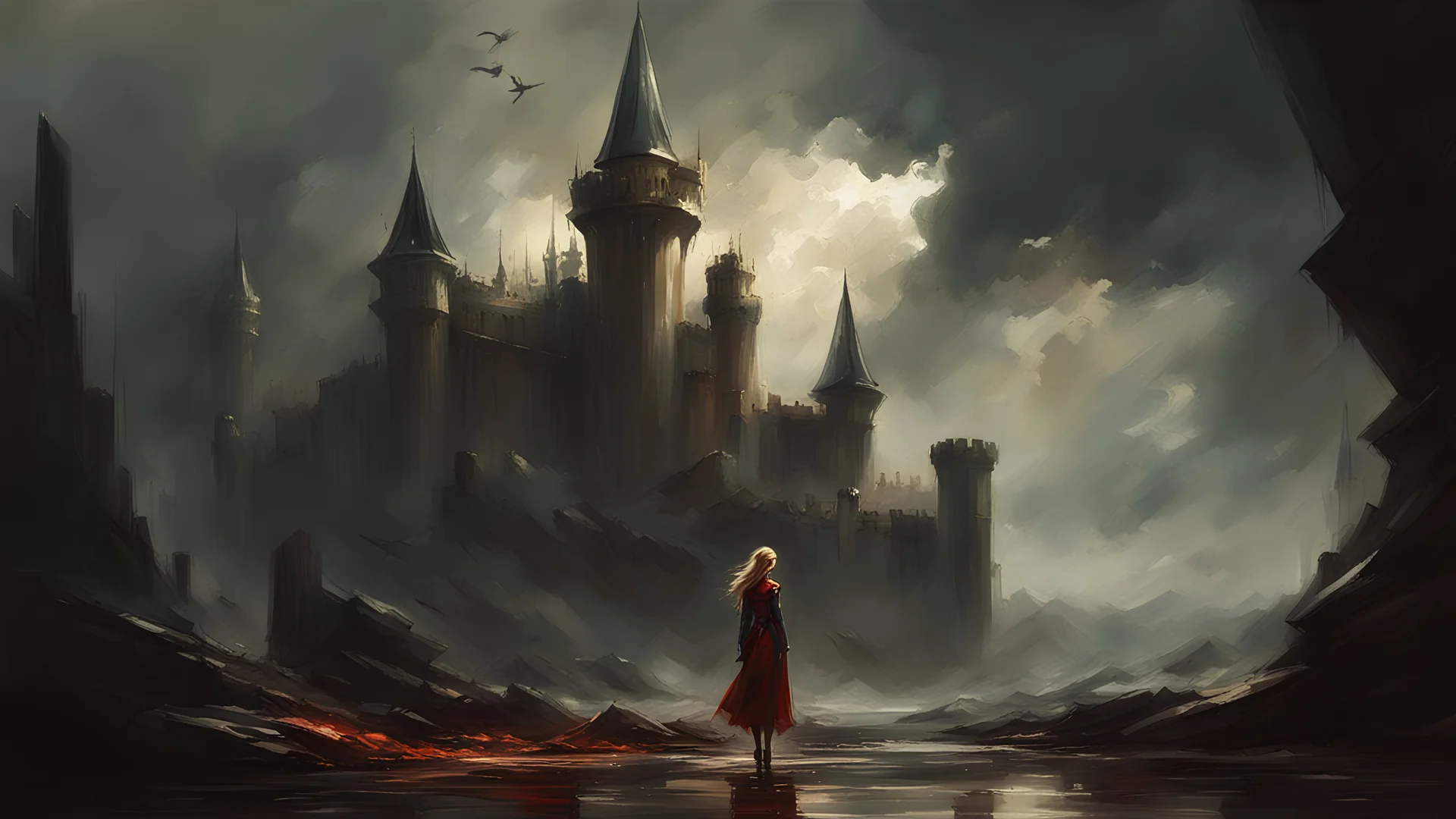 Anime girl look castle in war with storm, Raymond Swanland & Alyssa Monks & Anna Razumovskaya & Benedick Bana