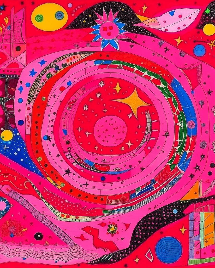 A pink universe filled with stars designed in Kuna Molas painted by Wassily Kandinsky