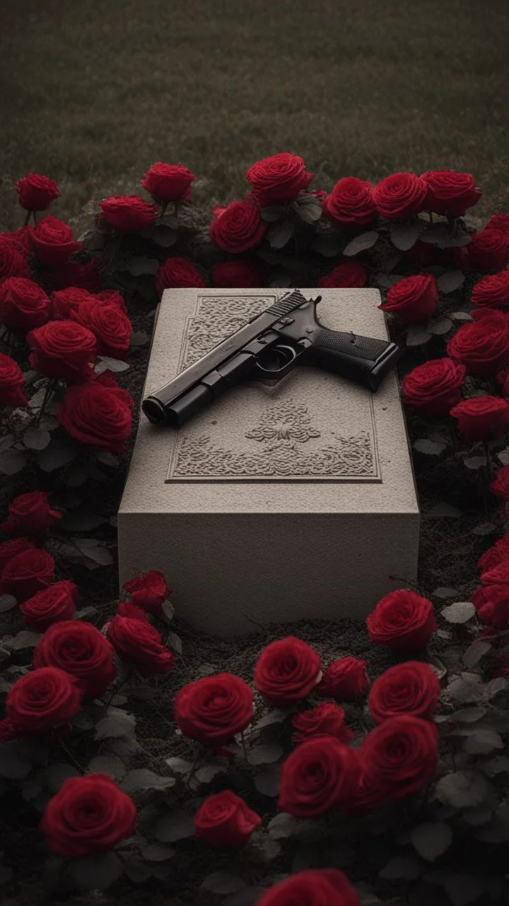 A grave in a field full of roses. Above the grave is a white lace scarf and a gun.cinematic