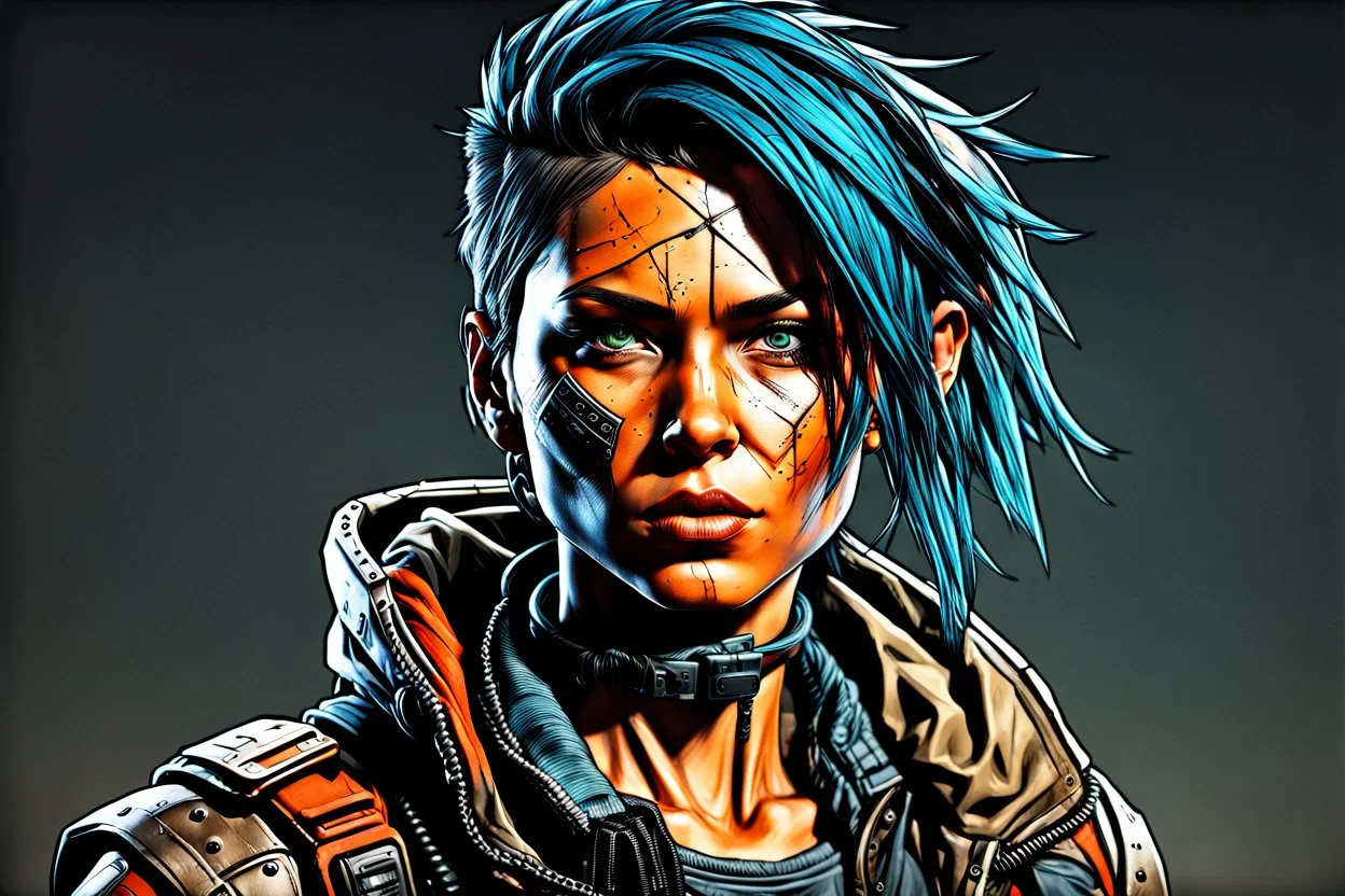 create a full body hyper realistic 3d, 8k portrait sketch of a raggedly dressed, post apocalyptic, female biopunk scavenger , with highly detailed and deeply cut facial features, searing lines and forceful strokes, precisely drawn, boldly inked, with gritty textures, vibrant colors, dramatic otherworldly lighting