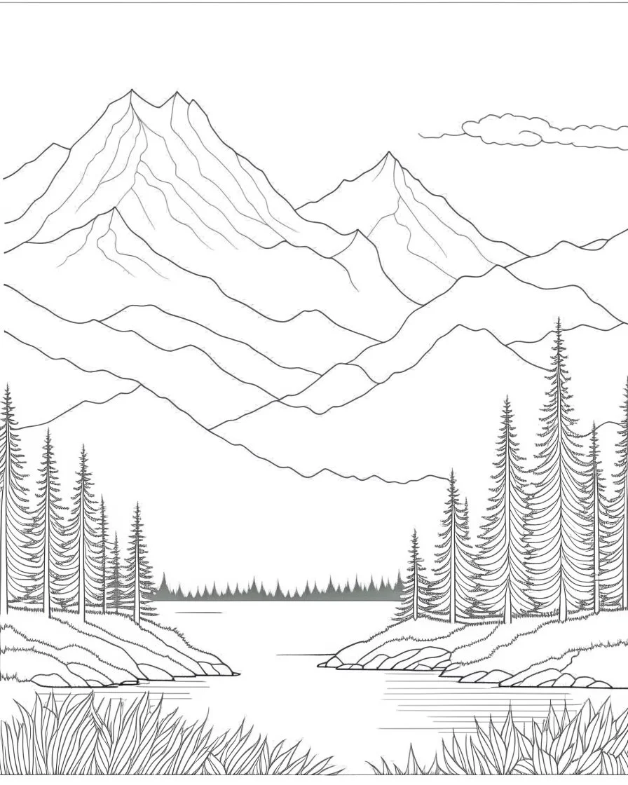 Coloring pages: A peaceful mountain landscape with towering peaks covered in lush green forests. The image should showcase a clear mountain lake reflecting the majestic scenery, with a backdrop of clear blue skies and fluffy white clouds. This image will inspire a sense of tranquility and encourage readers to envision themselves immersing in the serene surroundings.