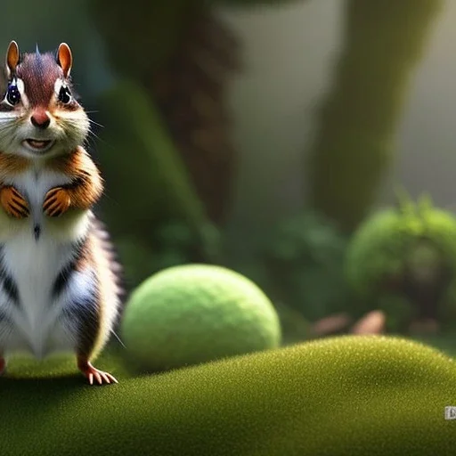 pixar style, volumetric summer garden environment and background, realistic painting of an Chipmunk, looking excited, volumetric lighting, dramatic lighting, detailed digital painting, extreme dense and fine fur, anime, ornate, colour-washed colors, elegant, small minutiae, tiny features, particulars, centered, smooth, sharp focus, renderman gofur render, 8k, uhd, detailed eyes, realistic shaded volumetric lighting, sunlight caustics, backlight, centered camera view