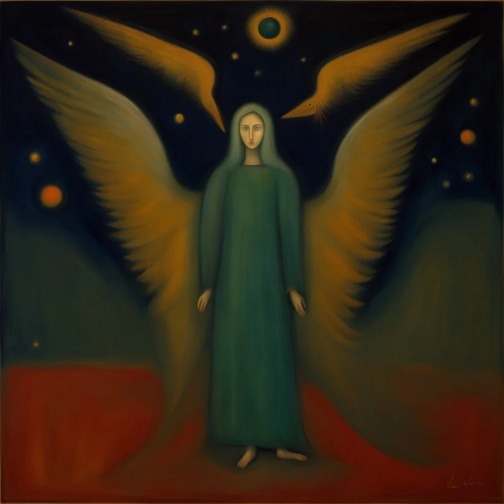 Since my angel stopped watching over me, he can freely unfold his wings and split the silence of the stars, semi-abstract painting by artist "Mark Rothko", by artist "Leonora Carrington"