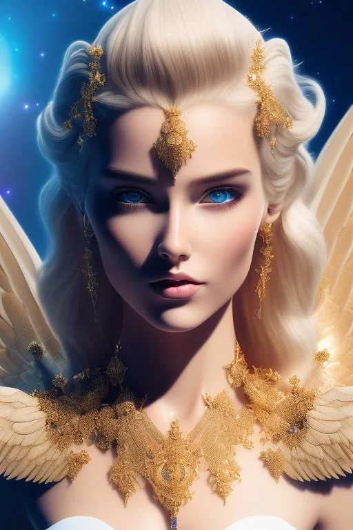 Flower, angel man, (detailed face )++, (detailed blue eyes)++ (long blond hair)++(pectoro visible)++(smile)++, , (two feathered wings on his shoulder blades)++, beautiful place, incredible, cosmic, colours, planet, gold, realistic, real photo, stars at night, detailed, high contrast, 8k high definition, unreal engine 5, extremely sharp details, (lighting effect, light background)++.