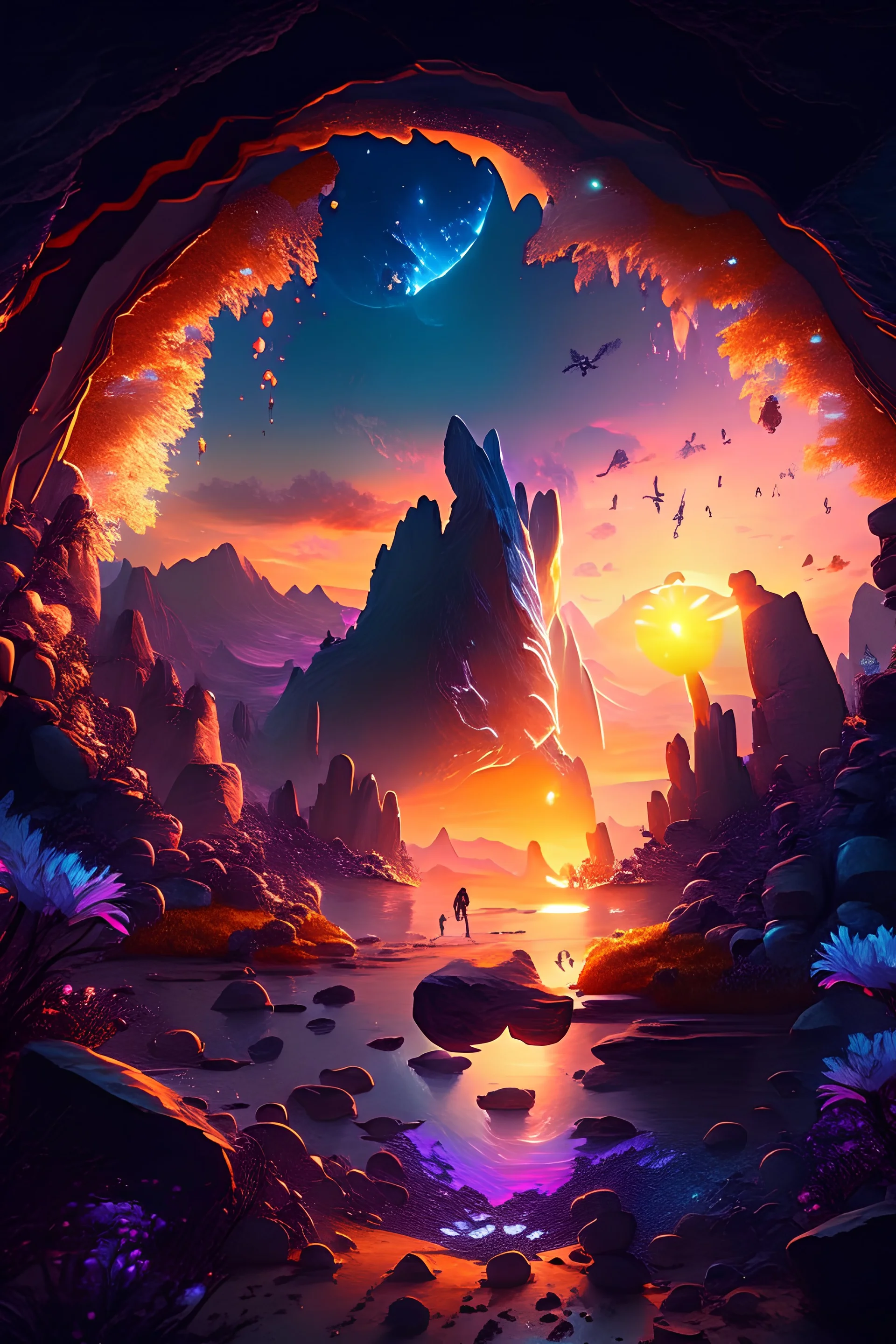 A group of adventurers found the entrance of the cave leading tio anotherworldd, splash art, liquid, 5d, , floating islands, black holes swallowing crystalline structures and alien flora provide a stunning backdrop for the setting sun's luminous display.