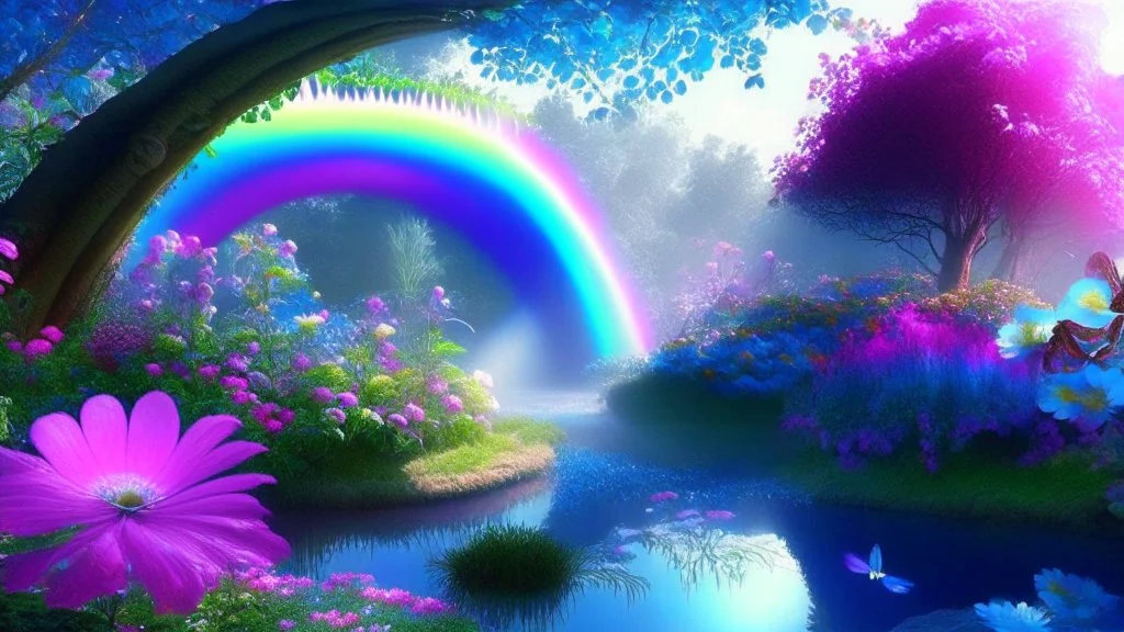 verybeautiful-magical-garden-of-the-angelic-kingdom-blue-and-pink-plants-and-trees-small-river-sunshine-flowers-haze-thumb-rainbow-ufo-bright-colors-light flowers