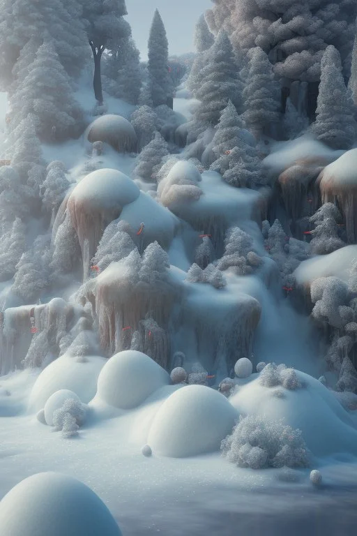 detailed peaceful landscape made of cake frosting, cotton candy, ice cream, strong texture, extreme detail, octane render