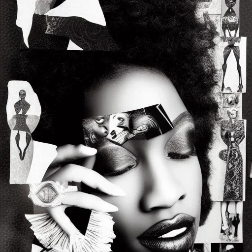 **Black Woman Full Body, African symbolism, Photo shoot, high fashion, collage of fashion magazine pages cut outs, black and white, UHD, photo realistic**