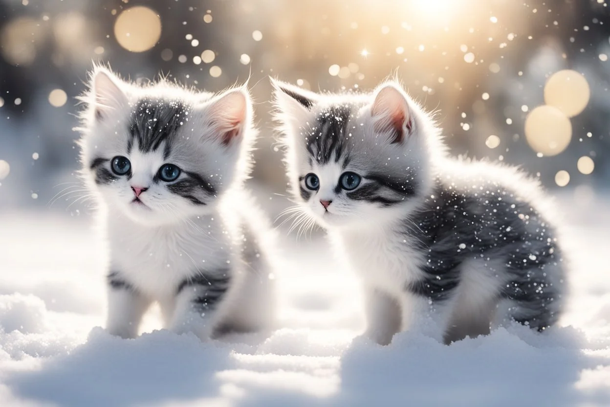 black and white chibi kittens playing in the snow in the sunshine, watercolor and black ink outlines, sparkling golden glitter, ethereal, cinematic postprocessing, bokeh, dof