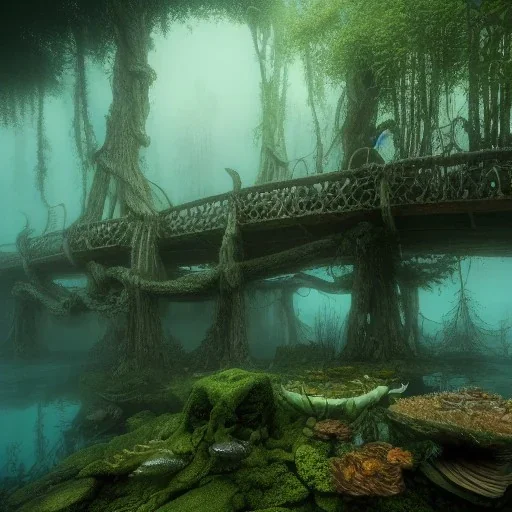 Underwater Forest, Trees, Wood Bridge Submerged, Fish, 8k Resolution, Fine-Detail, High-Quality, Intricate, Detailed Matte, 3d Octane Render, Beautiful, Stunning, Brian Froud, Selina French, Howard Lyon, Greg Rutowski, Annie Dittman, Annie Stokes