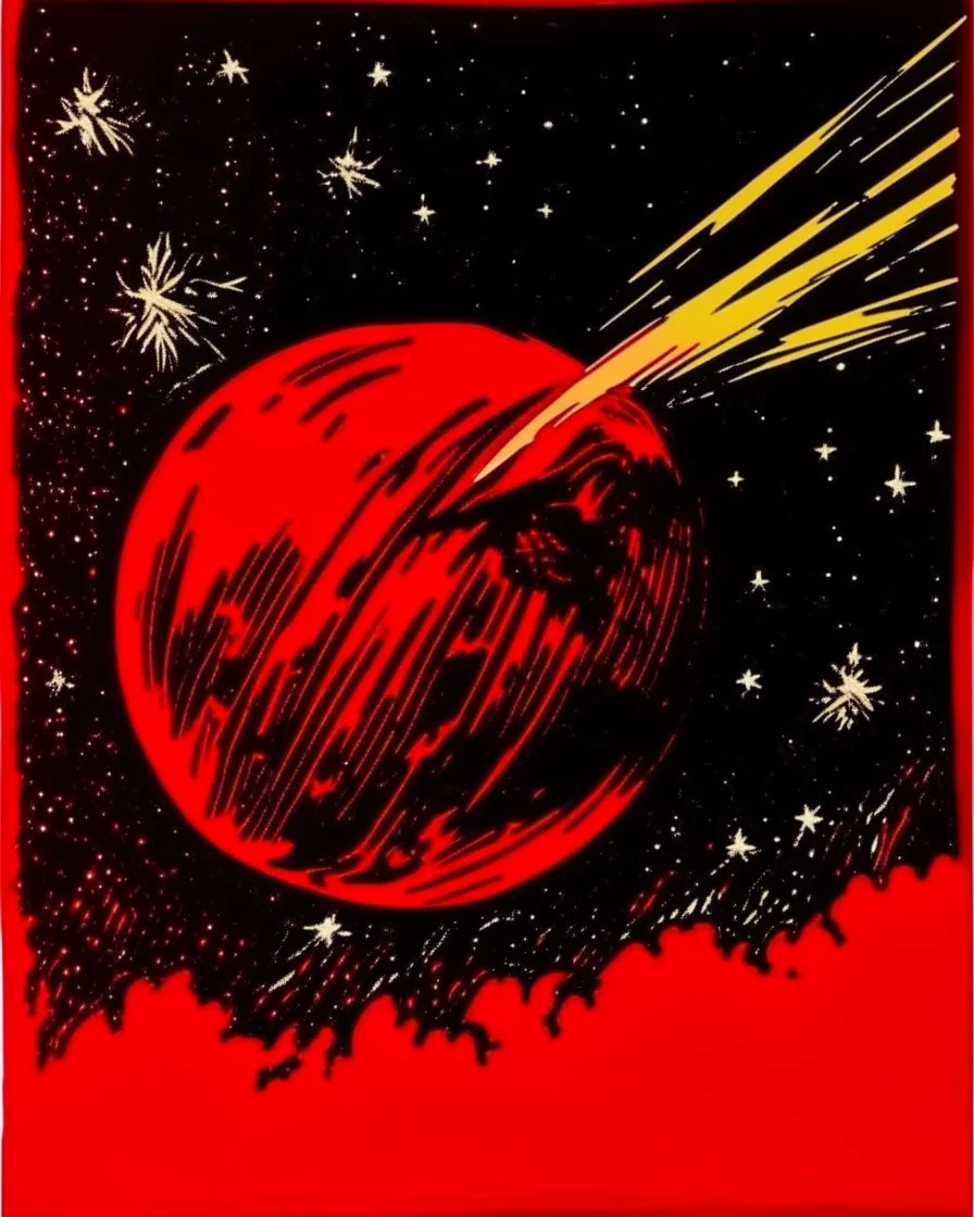 A dark red giant meteor with shooting stars designed in ancient Greek pottery painted by Andy Warhol