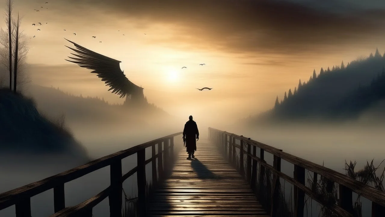 walking straight ahead over a wooden bridge, holding the angel of death with your right hand, entering the fog at the end of the road that leads to the afterlife, a stream from the mountains flows from the right and left, and a beautiful sunset behind the fog, realistic