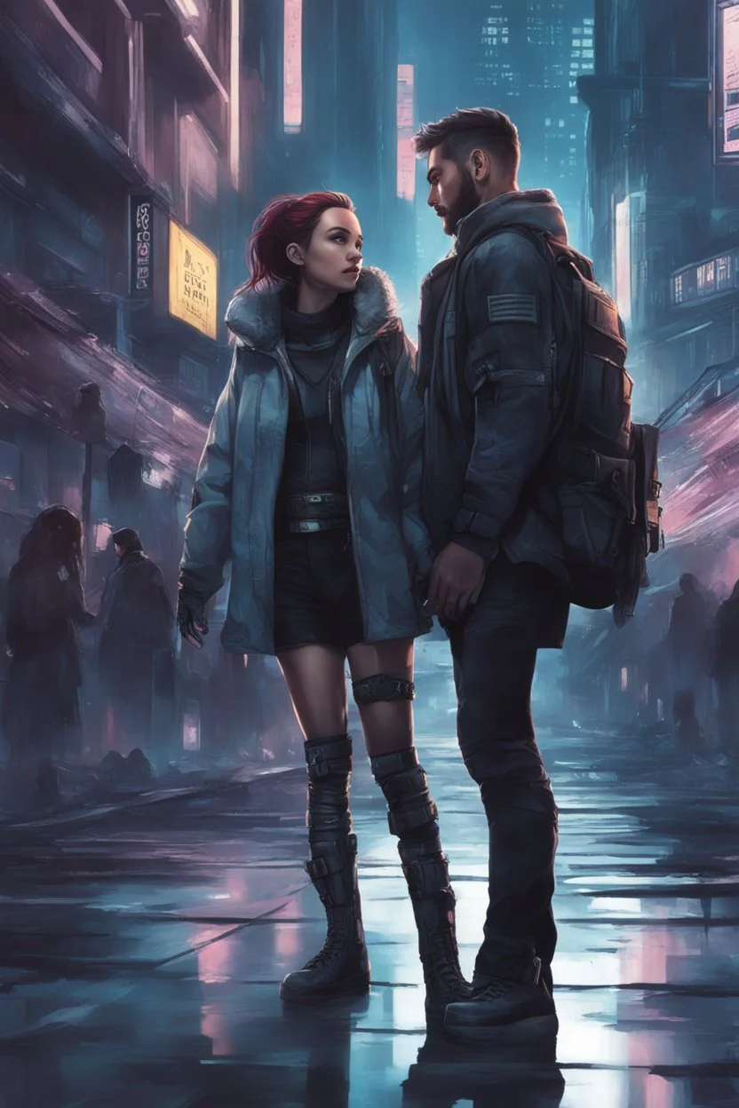 Science fiction, cyberpunk, city street, couple girl and guy, together, love at first sight, forbidden love