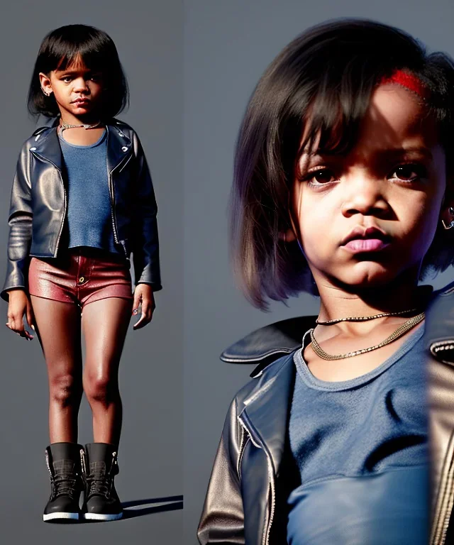 Rihanna toddler, full body, leather jacket, soft skin, dramatic lighting, hyper realistic