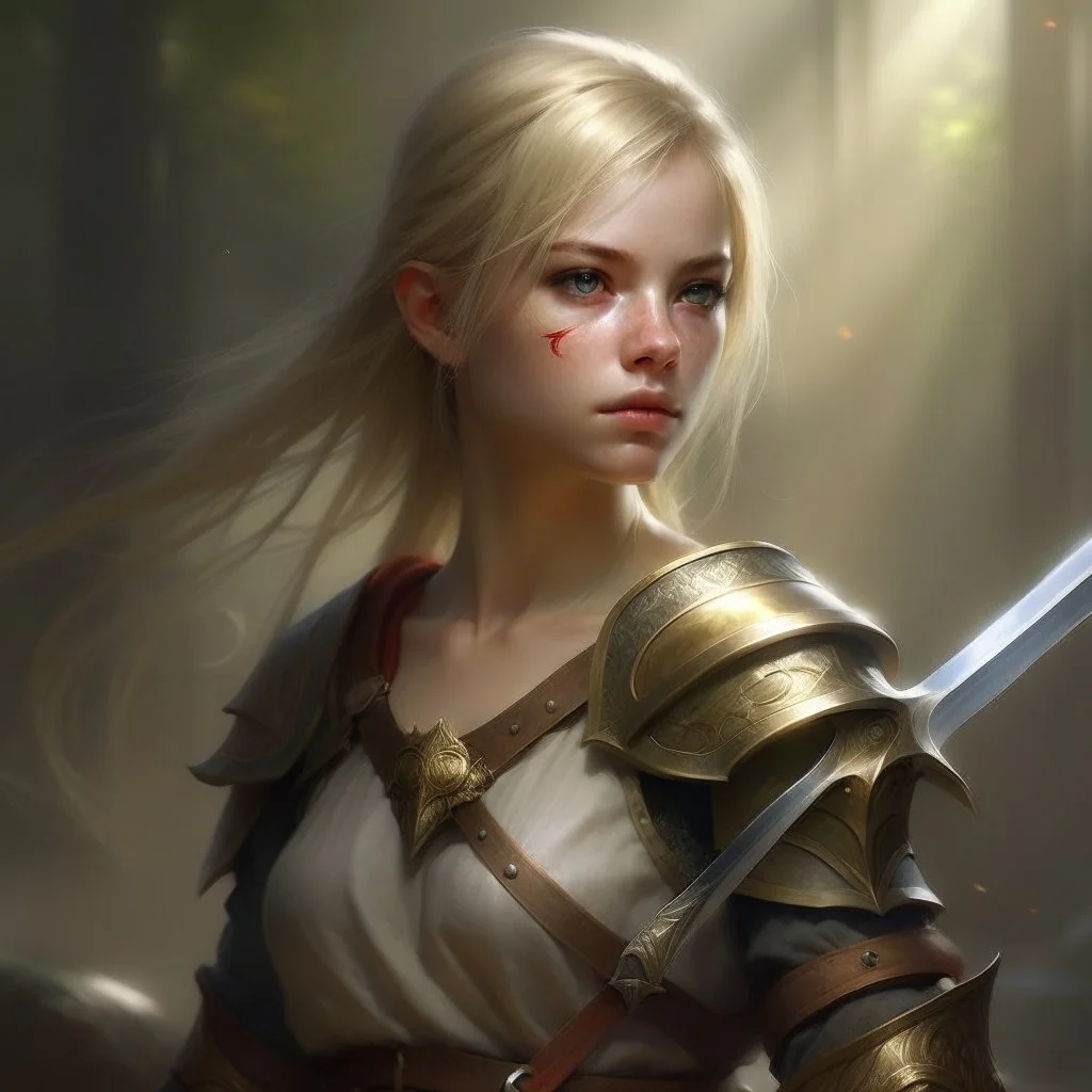 pretty girl, aged 30, blonde, conventionally attractive, fighter, greatsword, elf