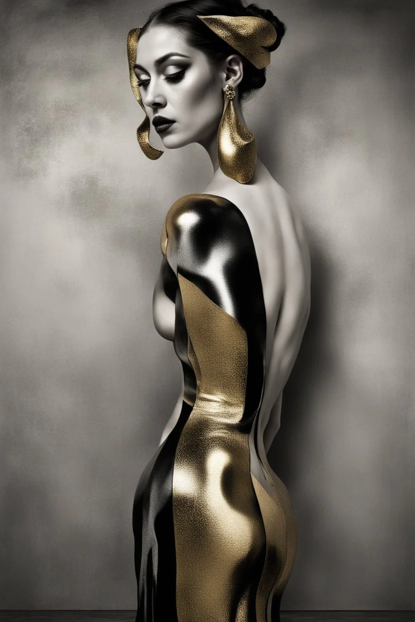 Create a conceptual photograph of a female figure, SALVADOR DALI STYLE MIXED WITH GUSTAV KLIMT STYLE AND TAMARA DE LEMPICKA STYLE, 3/4 SIDE VIEW, SILVER, GOLD, BLACK COLORS in a contemporary setting, incorporating provocative, thought-provoking elements. The image should demonstrate the confidence, strength and vulnerability of the subject. Consider using symbolic objects, abstract shapes, or artistic expressions that convey a strong message. The style and lighting should be modern, avant-garde