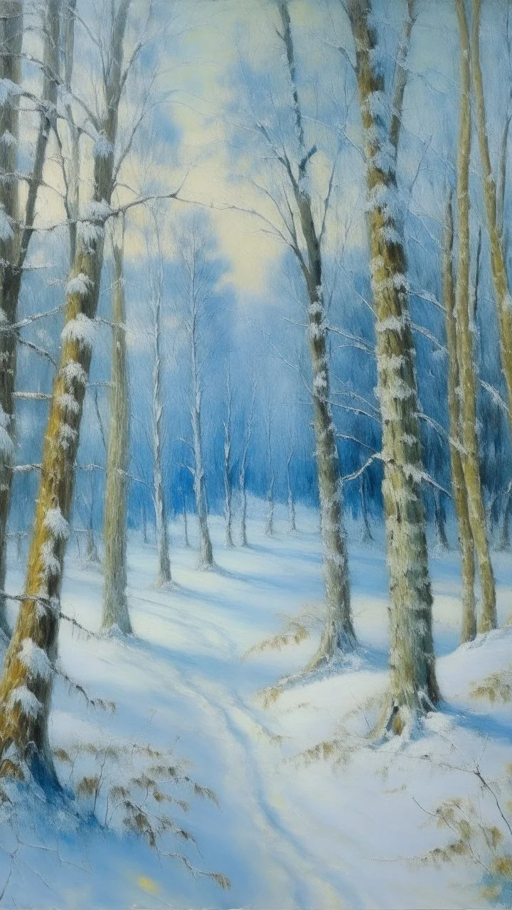 A light blue winter forest with falling snowflakes painted by Claude Monet