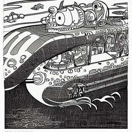 biplan yellow submarine by disney in a seabed imagined by winsor mccay