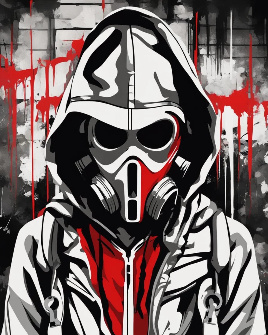 Banksy style. Vibrant and dynamic masterpiece of a hooded and gas masked killer Cyborg, his eyes are intense. Red, white and black colors, full body