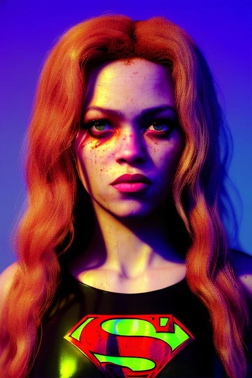 portrait, sweet Shakira, make-up, angry, Realistic image, retro pop, 60s, supergirl, lycra, minimal, blood, sweat, fog, goddess, Color background, photo studio, concept art, smooth, unreal engine 5, god lights, ray tracing, RTX, lumen lighting, ultra detail, volumetric lighting, 3d, finely drawn, high definition, 4k.