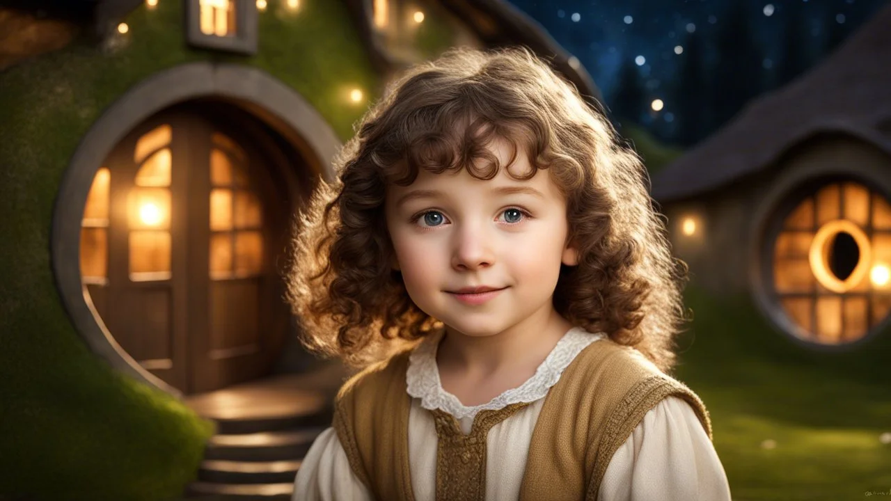 little young hobbit girl toddler, beautiful, confident, calm, wise, happy, innocent, facing camera, head and shoulders, curly hair, hobbit clothing, perfect eyes, LOTR village, hobbit homes with circular windows and circular doors, night scene, stars, fireflies, 16k artistic photography, exquisite composition, photorealistic concept art, soft natural volumetric light, chiaroscuro, award-winning photograph, masterpiece, style William-Adolphe Bouguereau