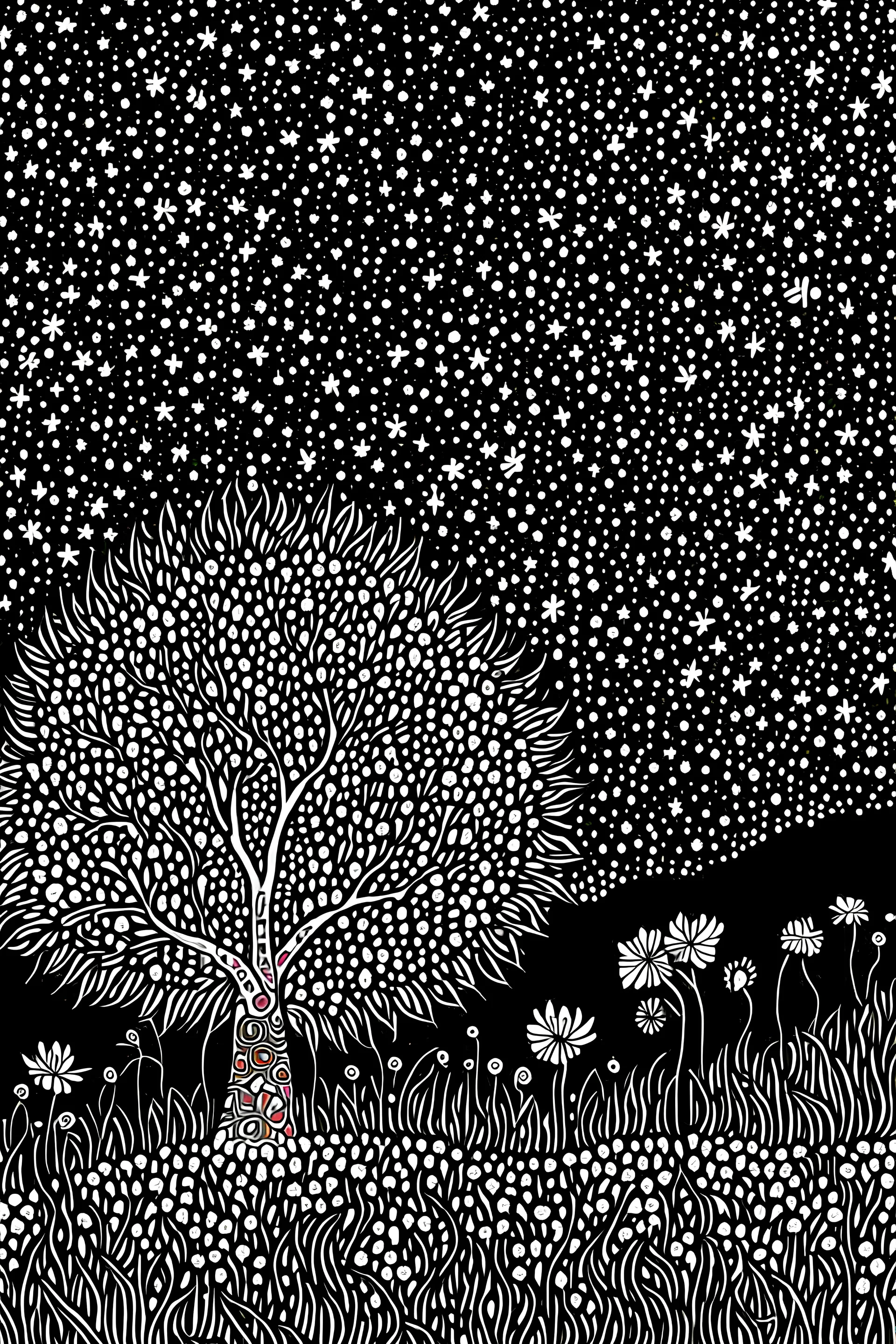 Peaceful, Max Ernst, night sky filled with galaxies and stars, trees, flowers, one-line drawing, sharp focus, 8k, 3d