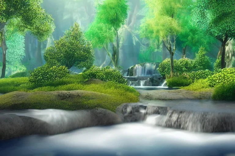 Photorealistic, a forest with a serene creek and little waterfalls