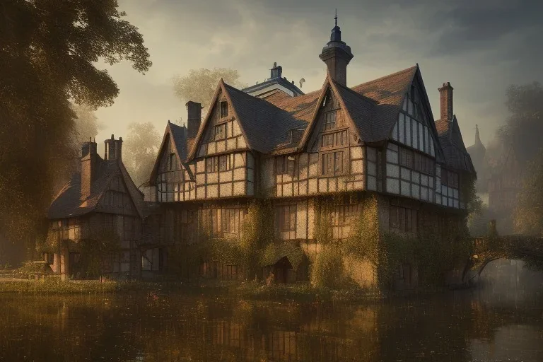 portrait of a tudor manor house on a street, fishpond architecture, highly detailed, blue sky, cinematic lighting, digital art painting by greg rutkowski