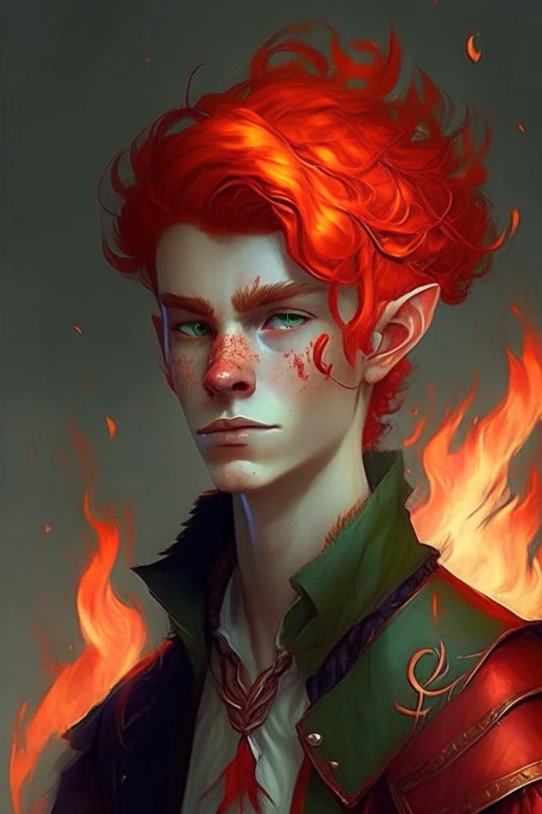 A teenage half-elf man, his hair is like red flame, looks charming but with an attitude, fancy clothing