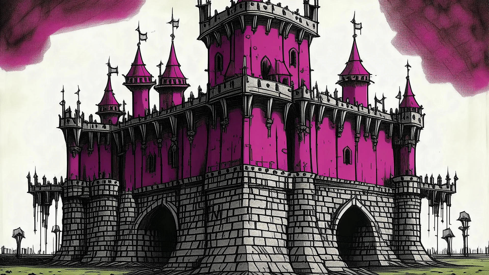 A dark magenta spike filled fortress made out of iron designed in Bayeux tapestry painted by Giovanni Battista Sassi