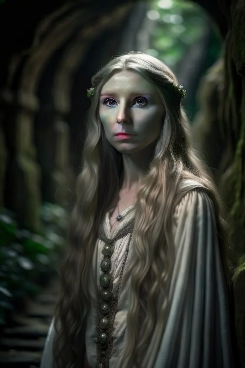 underground grove, with bricks and stones, portrait of Galadriel with pale, ethereal features with long hair that seems to shimmer. She dresses in flowing, dark-colored clothing that accentuates her mysterious aura. photo-realistic, shot on Hasselblad h6d-400c, zeiss prime lens, bokeh like f/0.8, tilt-shift lens 8k, high detail, smooth render, down-light, unreal engine 5, cinema 4d, HDR, dust effect, vivid colors, smoke