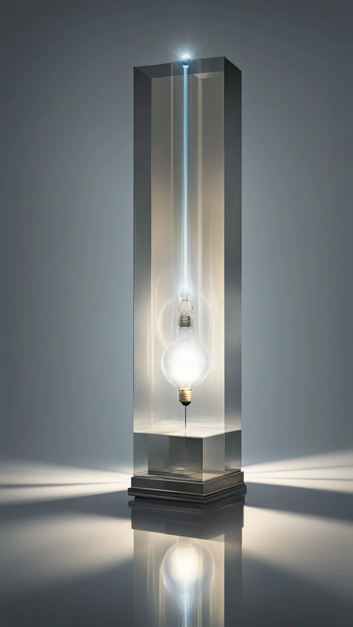 portrait of a square pillar with a bulb in the foot, and mirrors reflecting light like crazy lazers bouncing against the sides up into a square crystal block head at the top