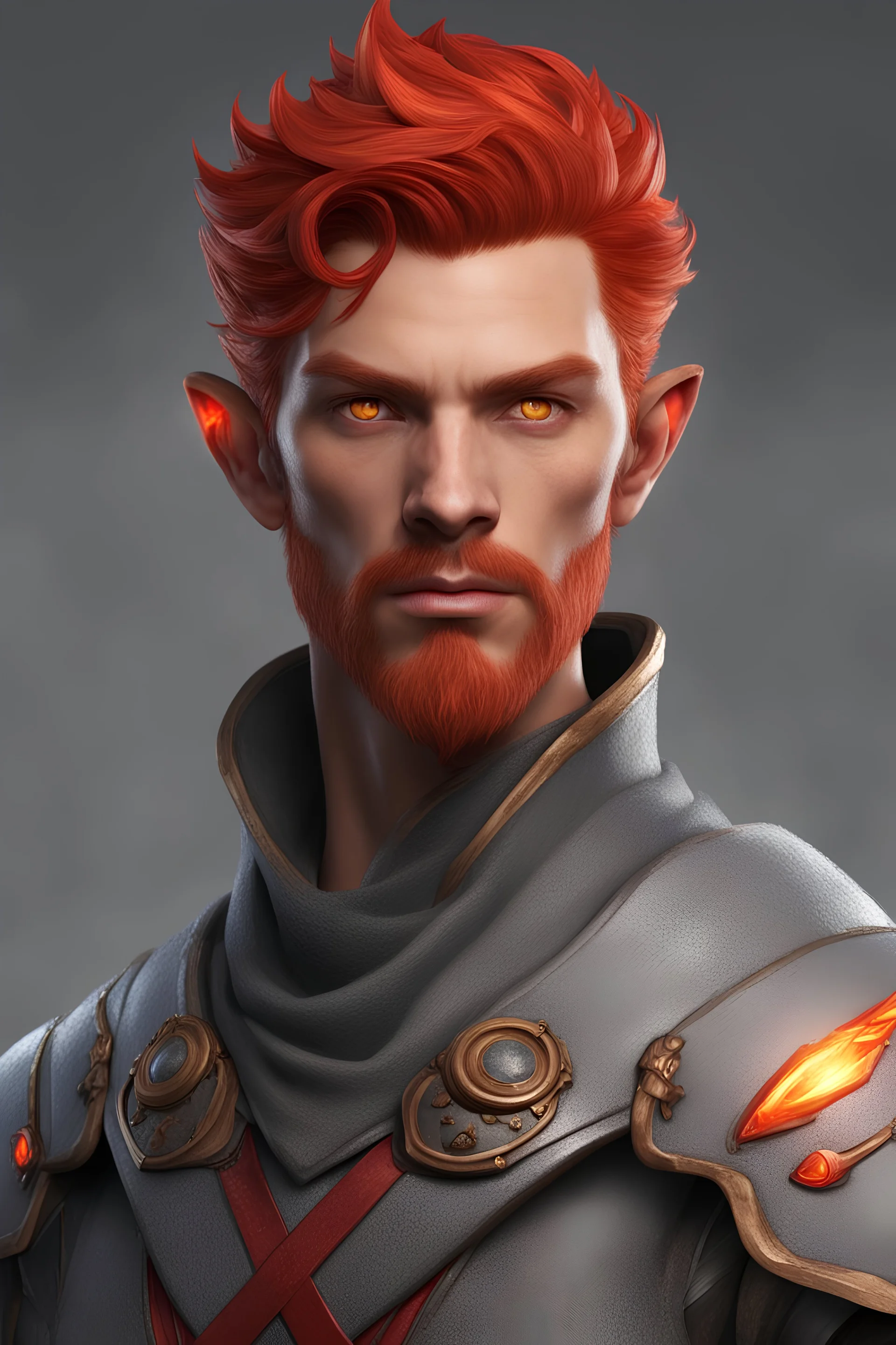 Make a man, wizard, fire genasi, ash-gray skin tones. short fiery red hair and trimmed red facial hair, red eyes