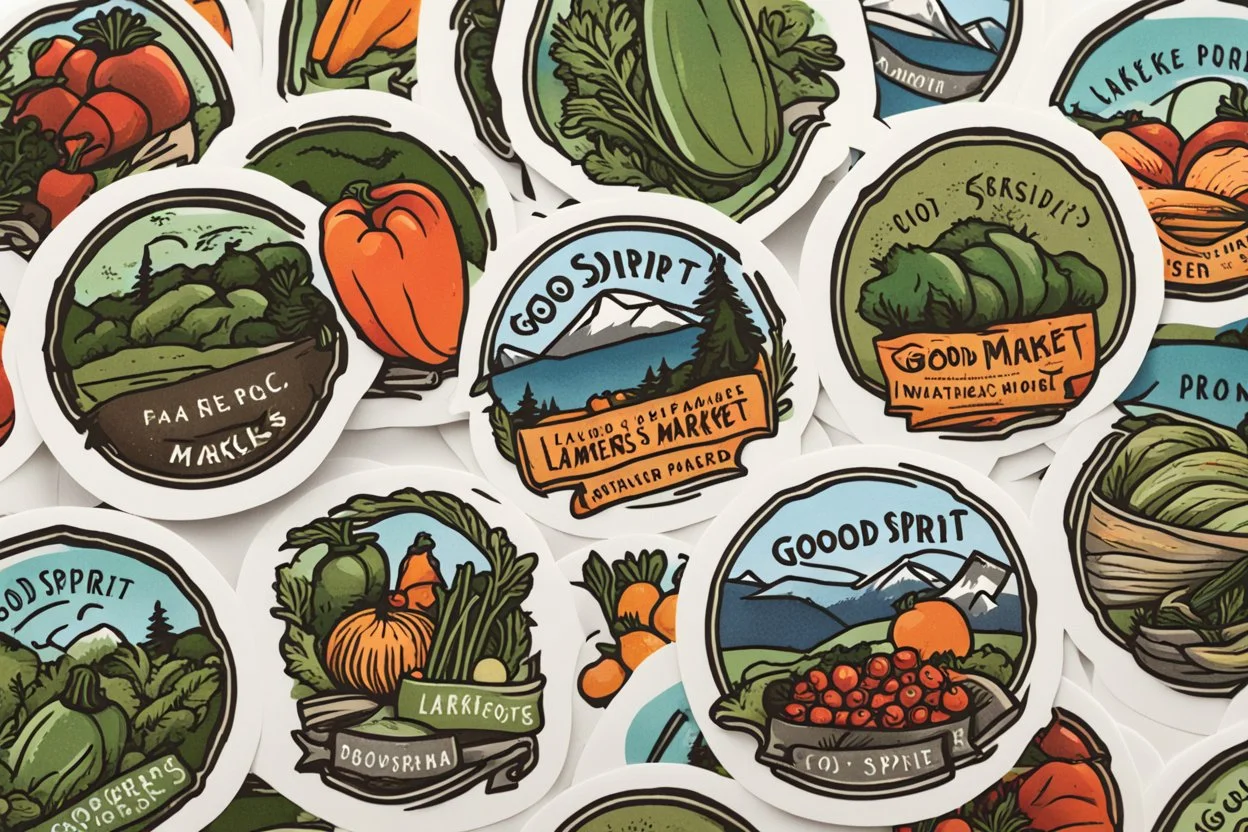 Stickers for a lakeside farmers' market "Good Spirit Market" in a national parks sticker style, featuring illustrations of fresh produce