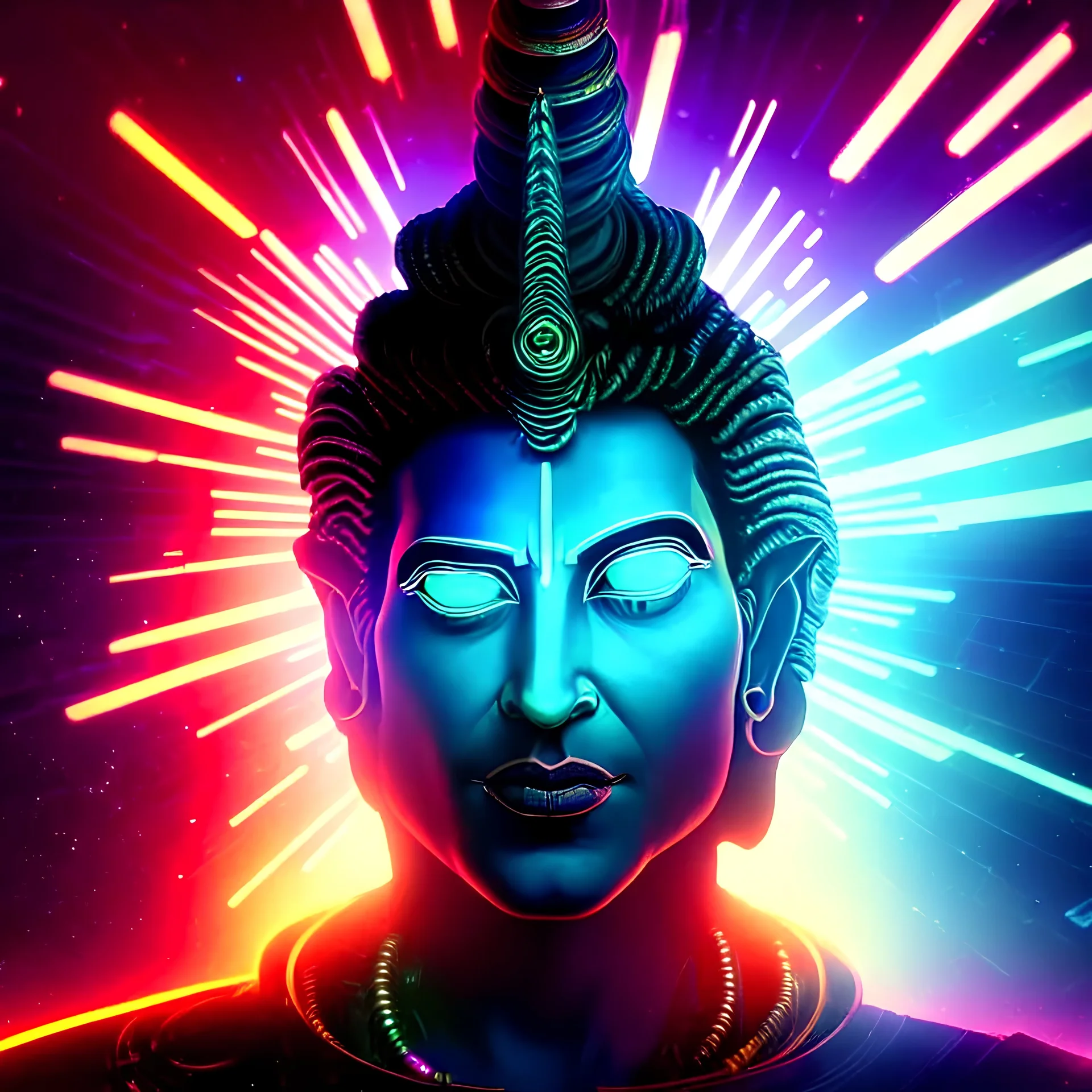 Futurist Portrait of god shiva, a halo of energy around him, in a cyberpunk galaxy background, sci-fi, blade runner, 2048, avangers end game,digital artwork,with impressive detail, very realistic, thin blur neon outlines, best angle, best colors, perfectly symmetrical, 8k, hdr, octane rendering