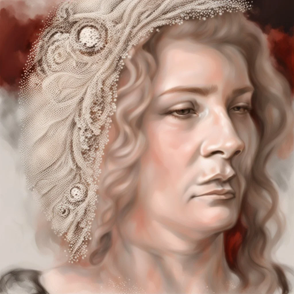 dibujo en grafito realista de rostro mujer 35 años piel blanca nariz prominente aguileña narigona gordita pelo rojo suelto ojos cerrados de frente plano picado rasgos definidos boca cerrada seriedad