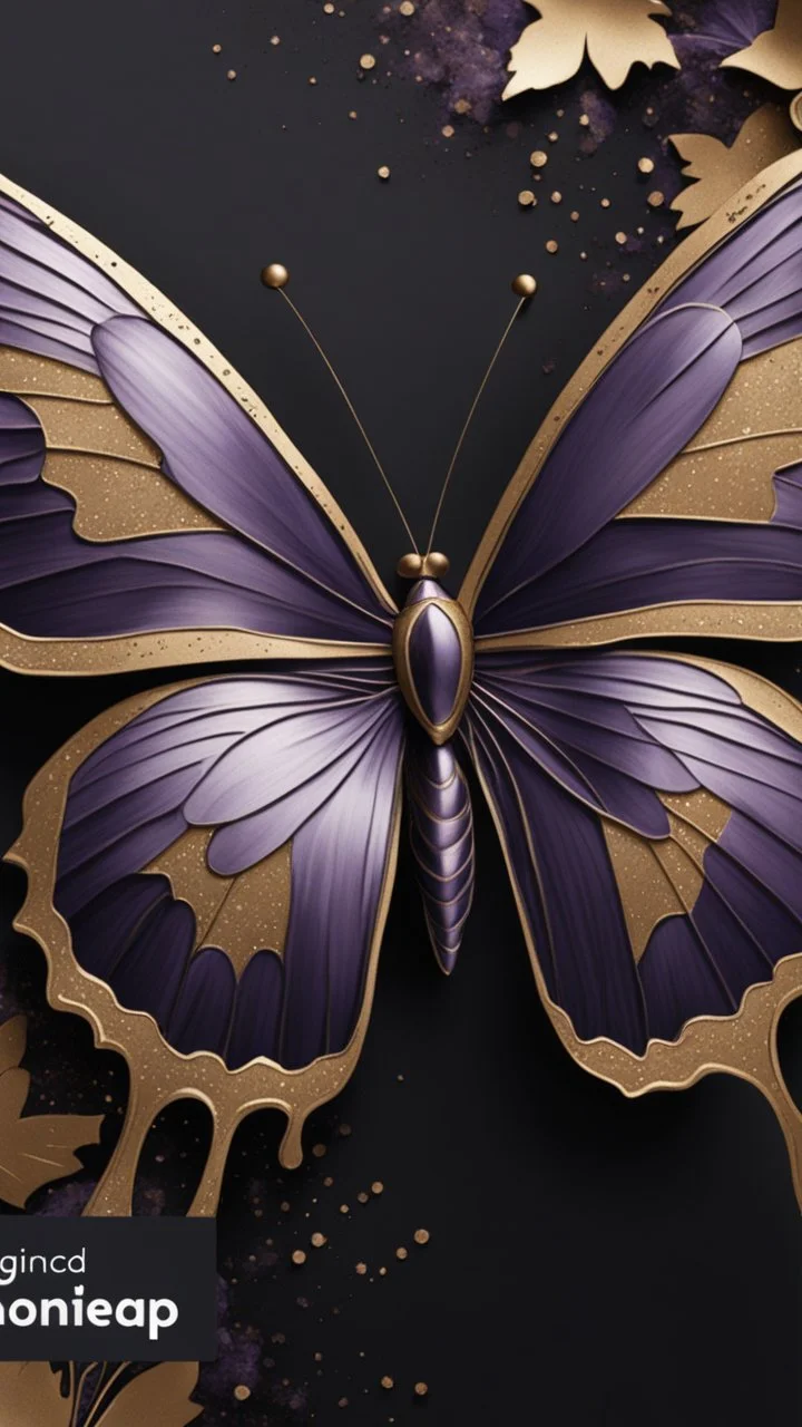 "Create an abstract artwork featuring soft purple metallic butterfly , overlapping shapes in earthy tones like beige, rust, and navy. Incorporate sweeping black brushstrokes, textured golden accents and glitters, and subtle splatter effects to add depth and movement. The design should evoke a sense of modern elegance and organic flow. ON BLACK BACKGROUND