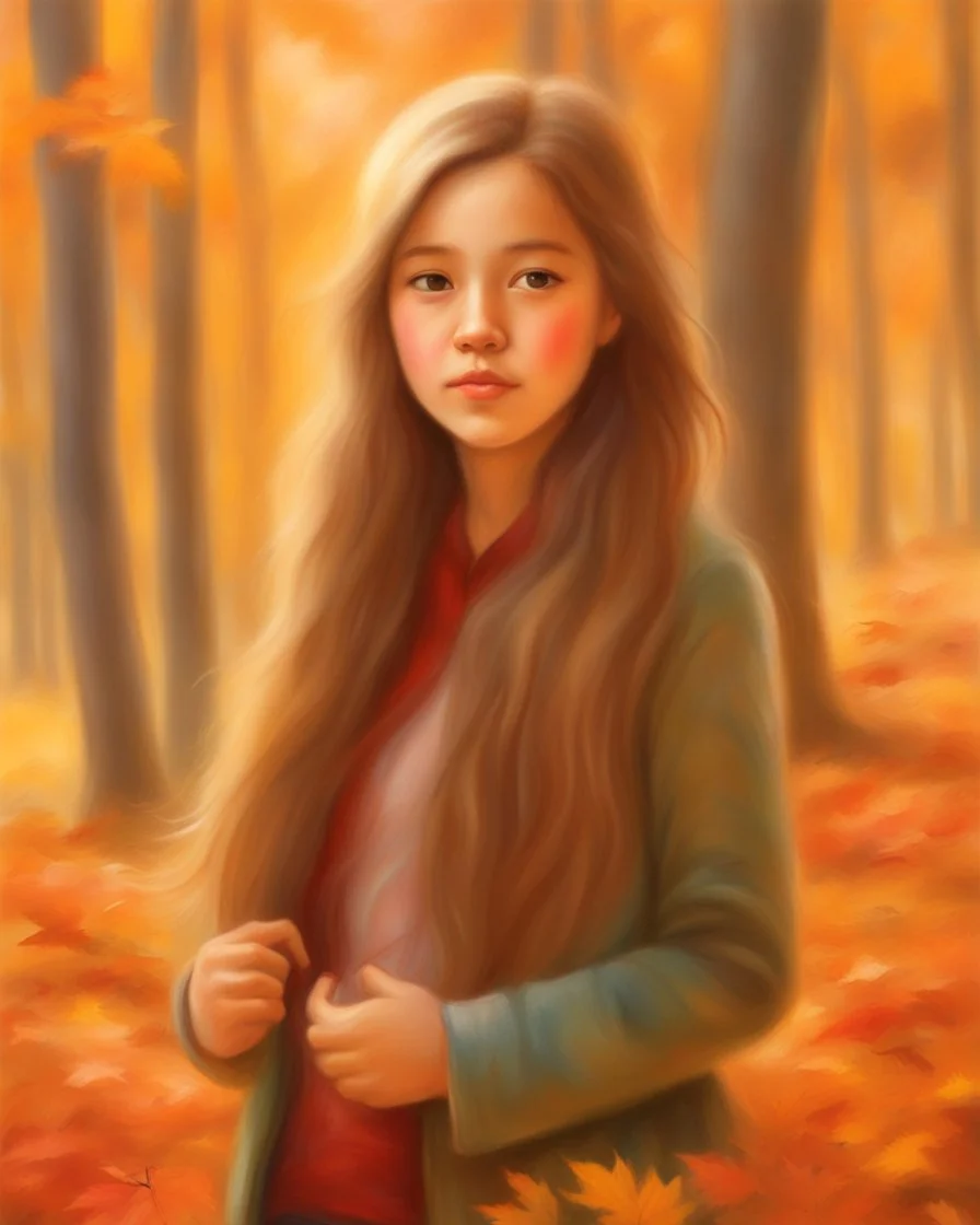 A young girl with long hair and autumn clothes in the autumn forest, beautiful portrait painting style, oil pastel painting, by Thomas Kinkade