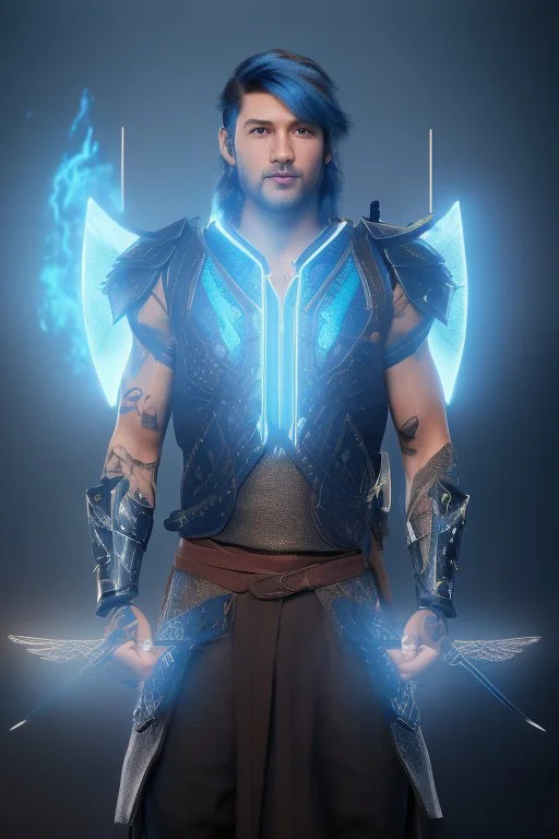 a person in runic armor with blue wings, blue short hair, runic tattoo and spell book, male