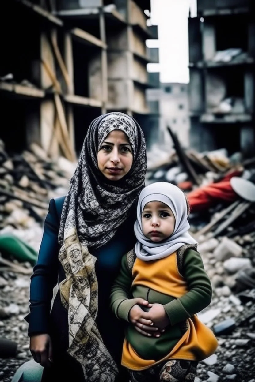 Palestinian girl She wears the keffiyeh and the Palestinian dress Carrying a nude small child ,at winter , Destroyed Buildings , with a Explosions, at night