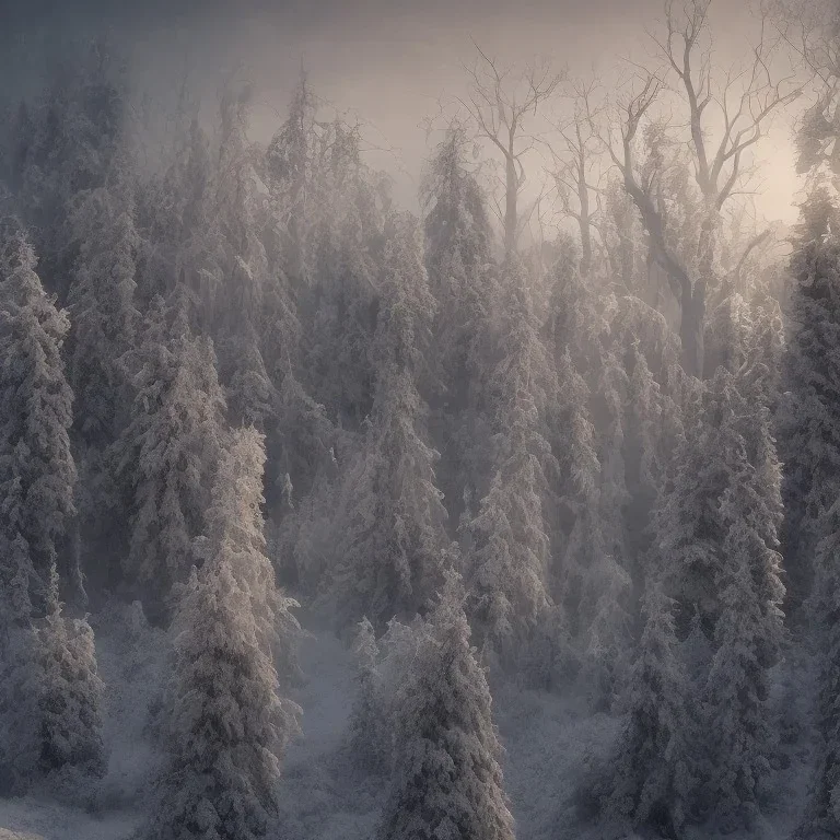 winter landscape, ice field, crystals, dreamlike, foggy, lost in the woods