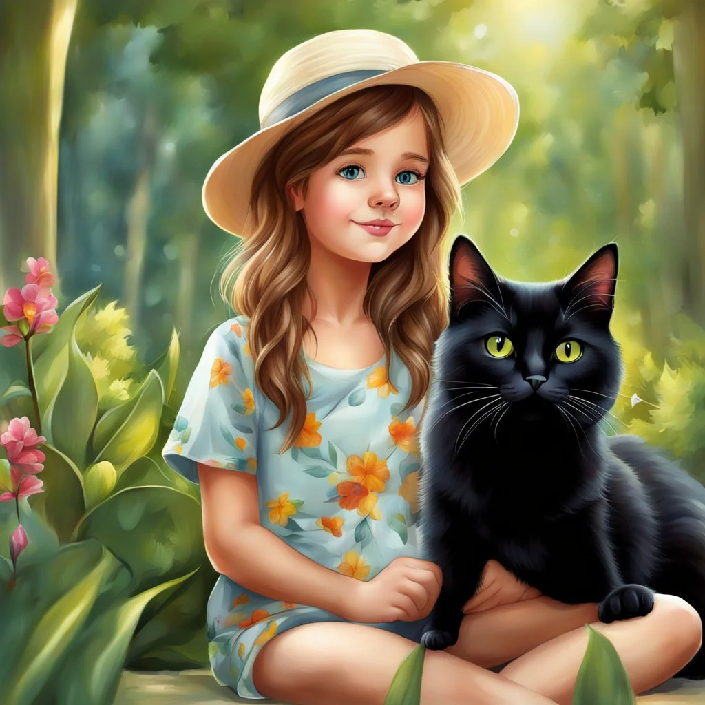 very beautiful realistic cartoon 10 years old girl with cat