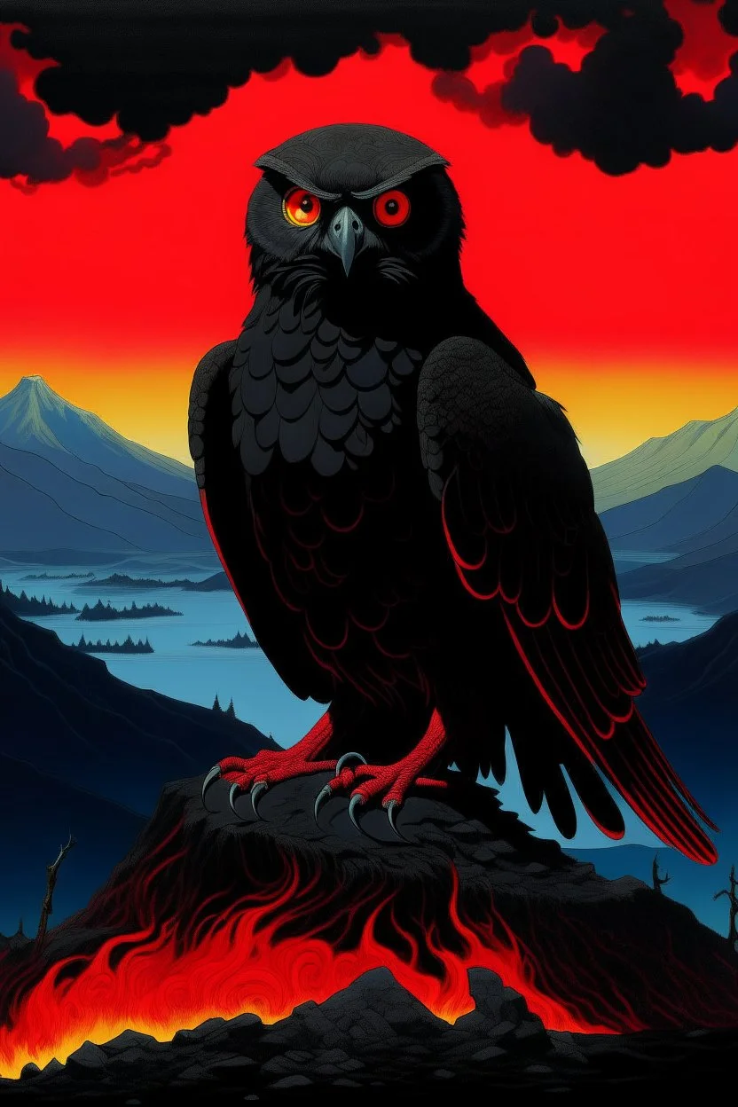 A giant black owl stands above a volcano that is about to erupt. The owl has red stripes all over its body, and it has sharp red eyes like a cat's eyes.