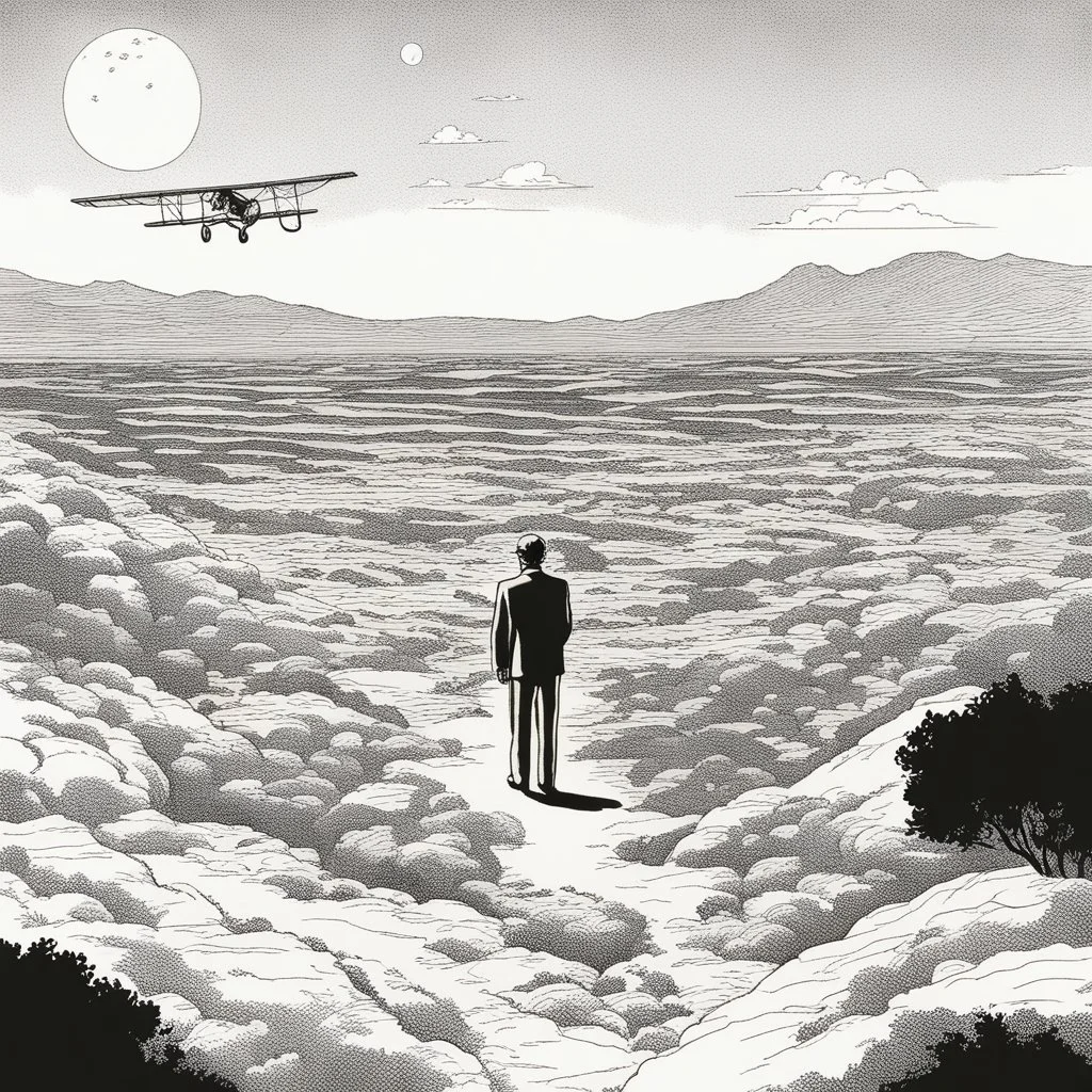 a alone man. pen and ink, birds eye view, illustrated by hergé, Background space and earth
